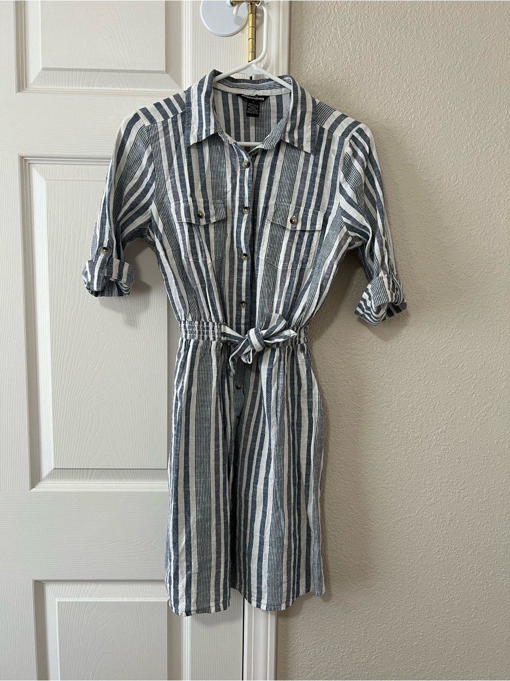 Millenium Blue White Striped Midi Shirt Dress Tie Waist Cotton Size Small